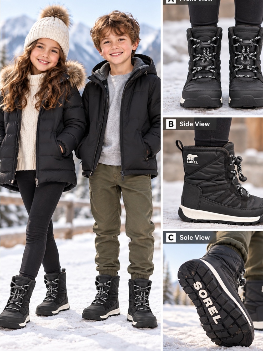 Sorel Kids Black and White Snow Boots